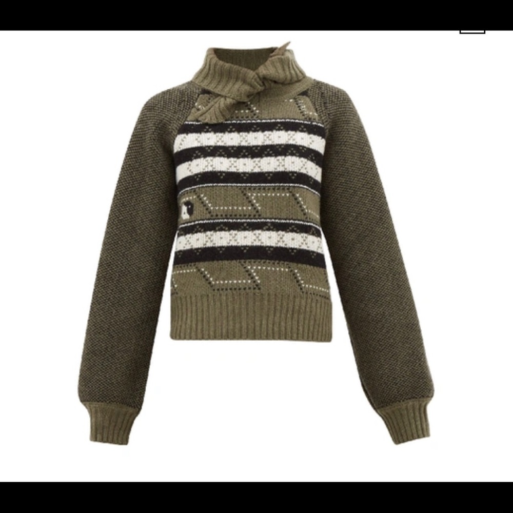 Ganni Tie-neck Fair Isle Wool-blend Sweater In Green with Peace Sign RARE